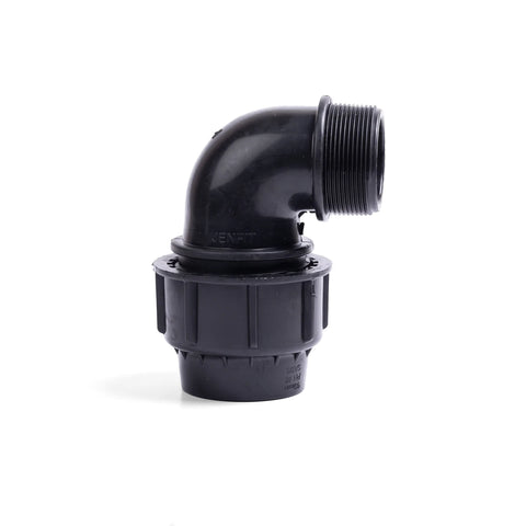 Black Jenfit/Sab 63mm X 2 1/2 inch male elbow pipe fitting, made of durable plastic, shown in a 90-degree angled view.