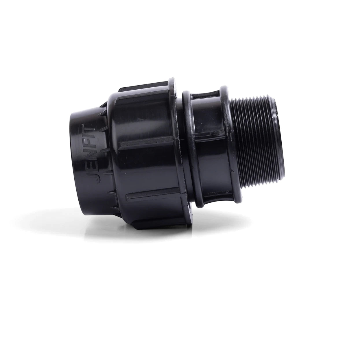Black plastic Jenfit/Sab adapter, 63mm x 2 1/2 inches, with a threaded end, shown from a side view.