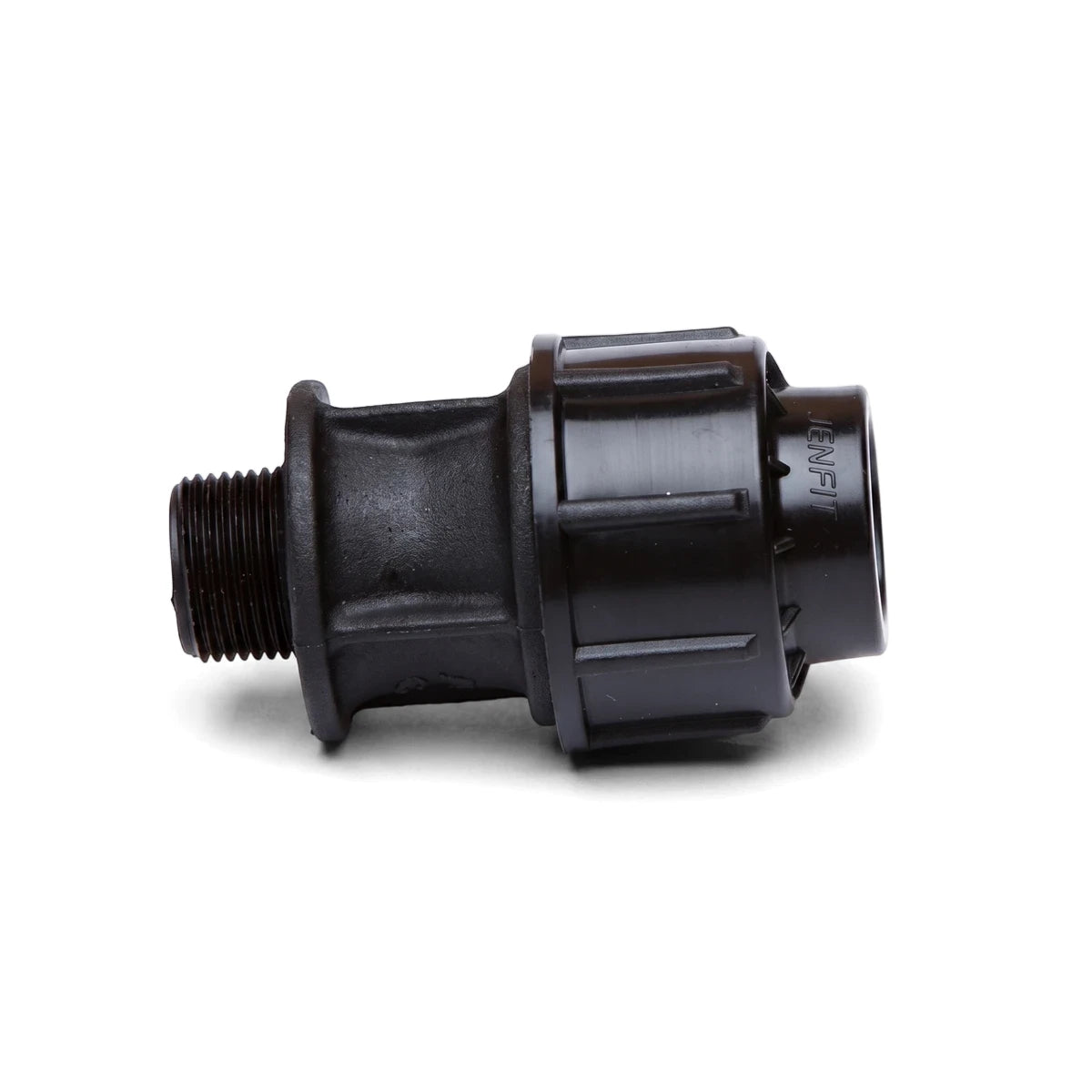 Black Jenfit/Sab adapter, 63mm x 2 1/2 inches, made of durable plastic with threaded and compression ends.