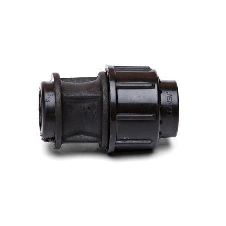 Black Jenfit/Sab female adapter, a 63mm by 2 inch plastic pipe fitting, shown horizontally on a white background.
