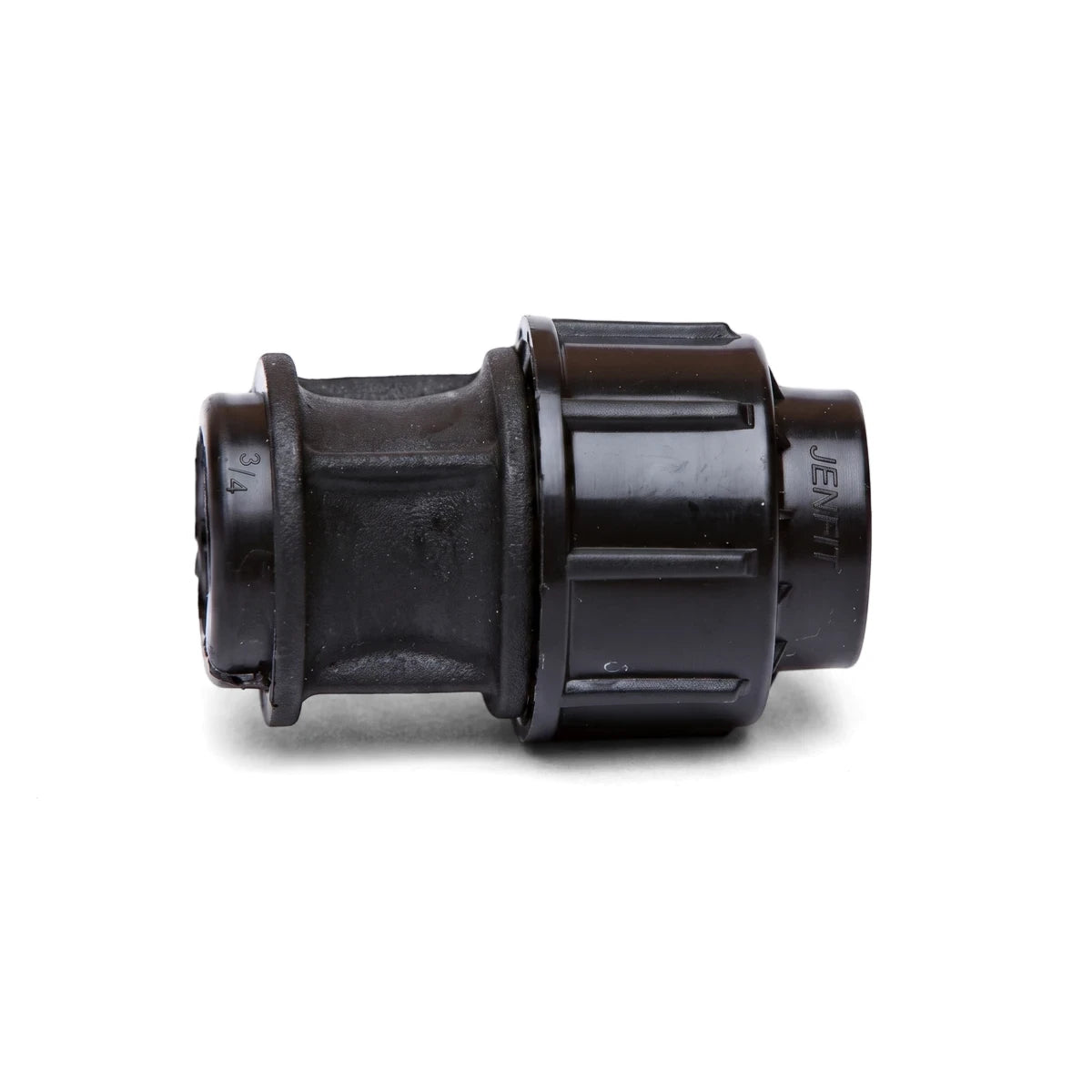 Black plastic Jenfit/Sab female adapter pipe fitting, 63mm x 1 1/2 inches, shown horizontally with ribbed detail.