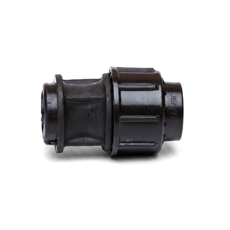 Black plastic Jenfit/Sab female adapter pipe fitting, 63mm x 1 1/2 inches, shown horizontally with ribbed detail.