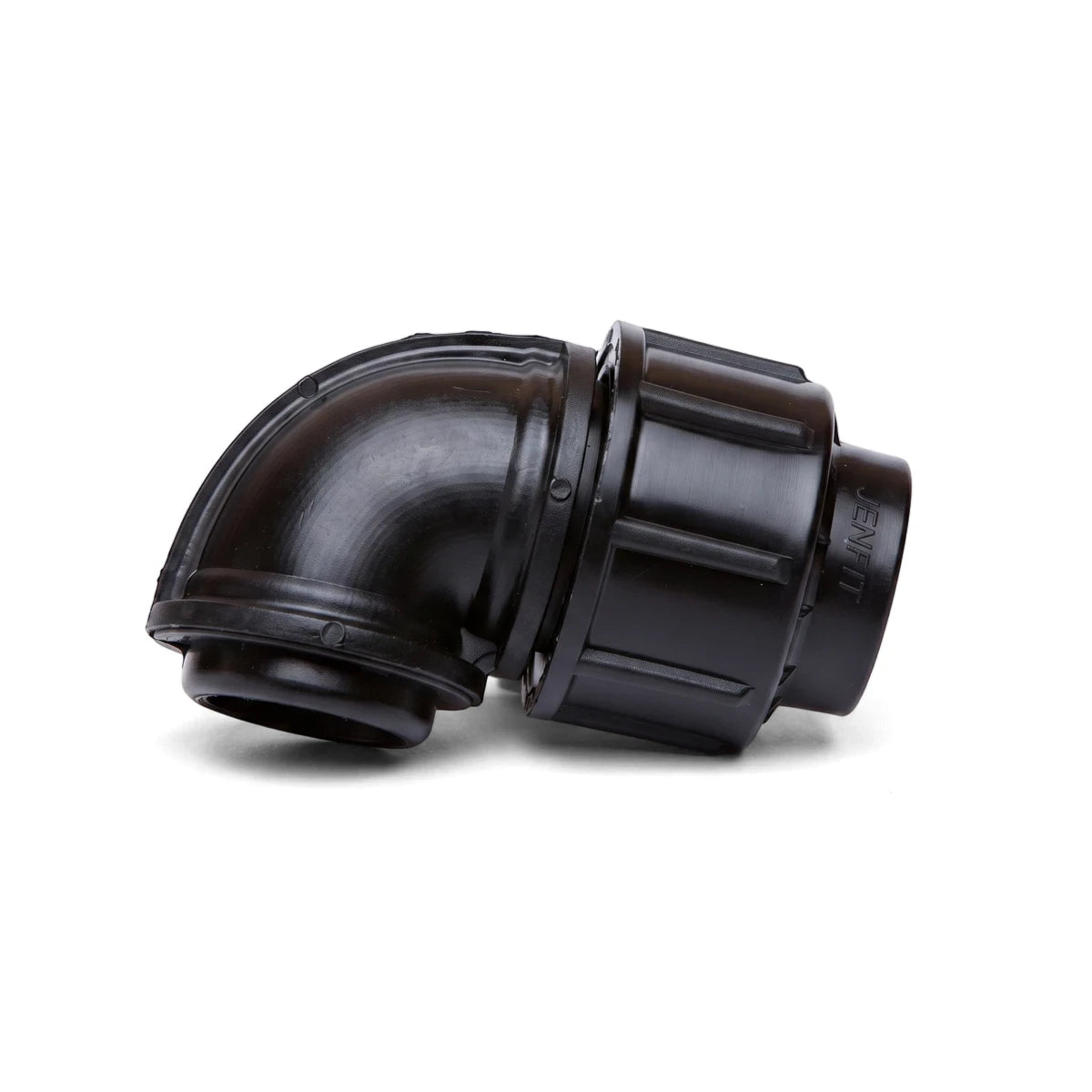 Black Jenfit Sab female elbow 63mm x 2 1/2 inch plastic compression pipe fitting for plumbing applications.