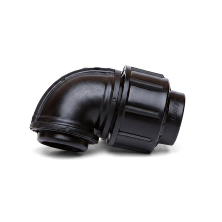 Black Jenfit Sab female elbow 63mm x 2 1/2 inch plastic compression pipe fitting for plumbing applications.