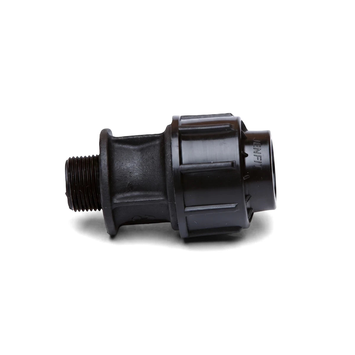 Black Jenfit/Sab Male Adapter, 63mm x 1 1/2 inch with threaded end, viewed from the side, for pipe connections.