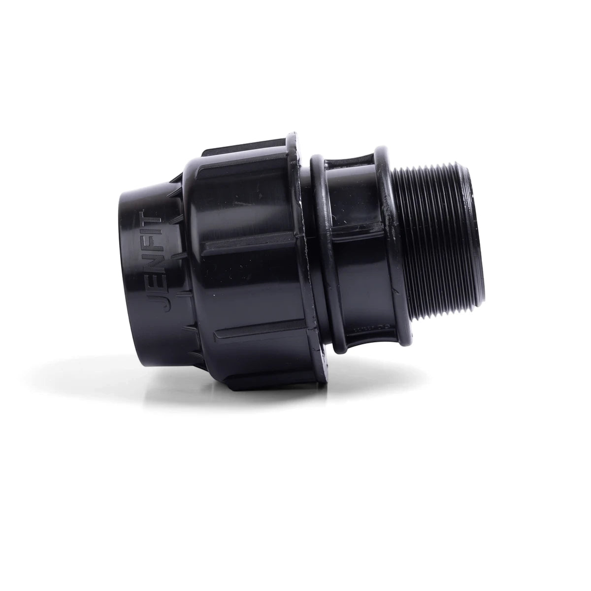 Black plastic Jenfit/Sab Male Adapter (63mm X 1 1/2") with threaded end for pipe connections.
