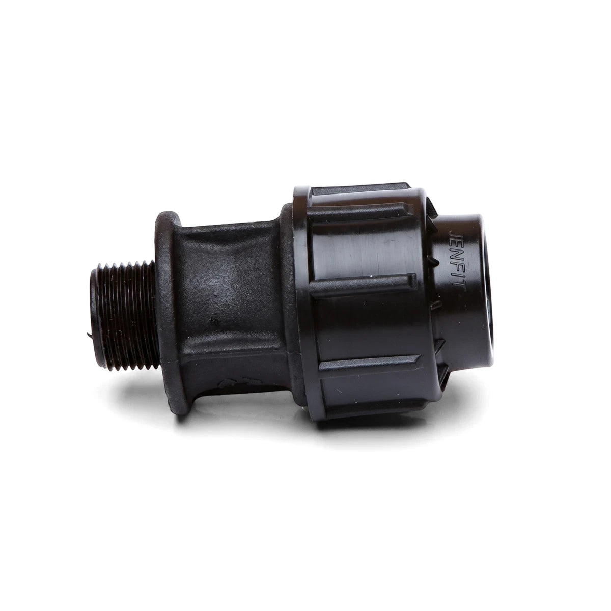 Black Jenfit/Sab male adapter, a 63mm x 2" threaded plastic plumbing fitting, photographed against a white background.