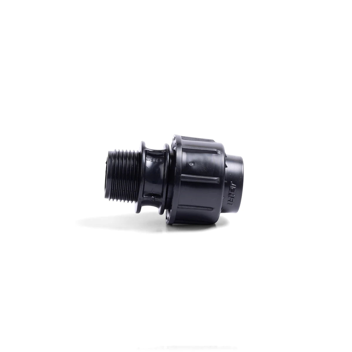 Black Jenfit/Sab male adapter, 63mm x 1 1/2", with a threaded end and compression fitting, shown horizontally.