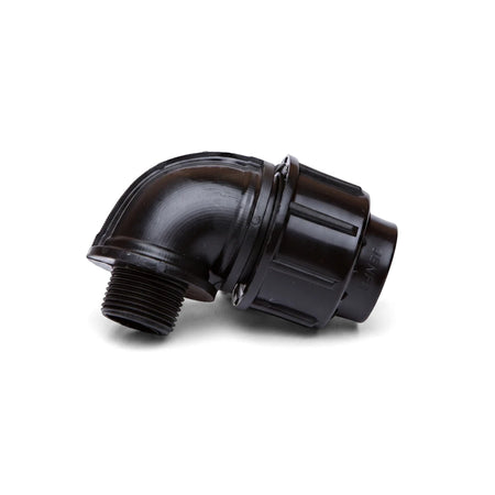 Black Jenfit/Sab Male Elbow, 63mm X 2 1/2 inch plastic 90-degree pipe fitting for plumbing applications, shown from an
