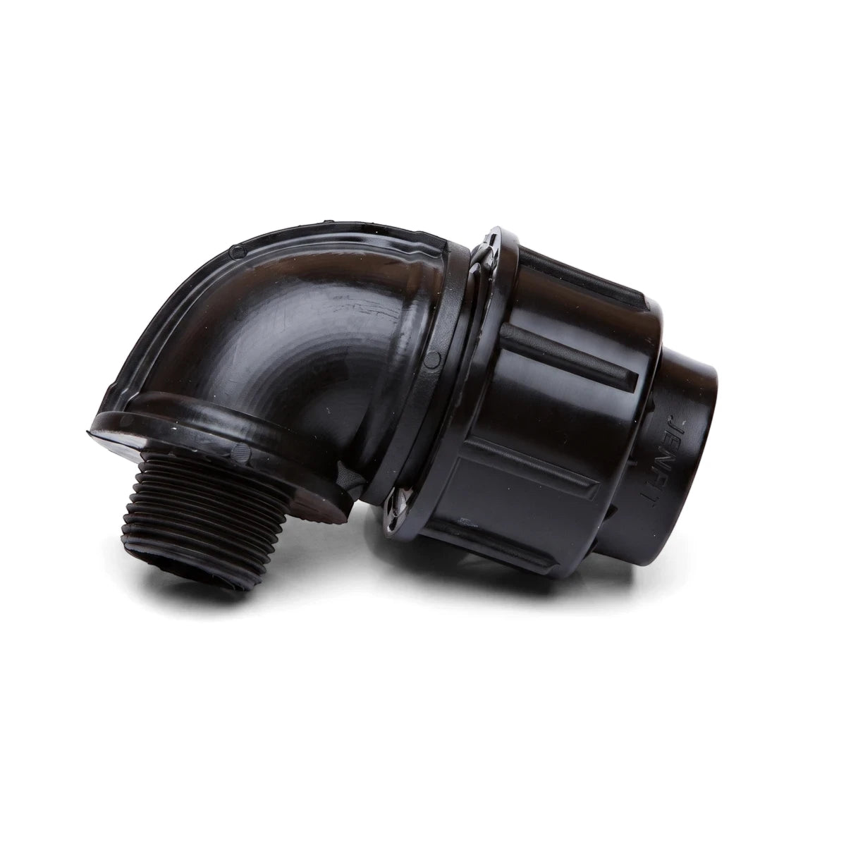 Black Jenfit/Sab Male Elbow 63mm x 2 inch plastic pipe fitting for plumbing or irrigation systems, shown from a slightly