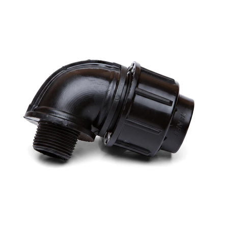 Black Jenfit/Sab Male Elbow 63mm x 2 inch plastic pipe fitting for plumbing or irrigation systems, shown from a slightly