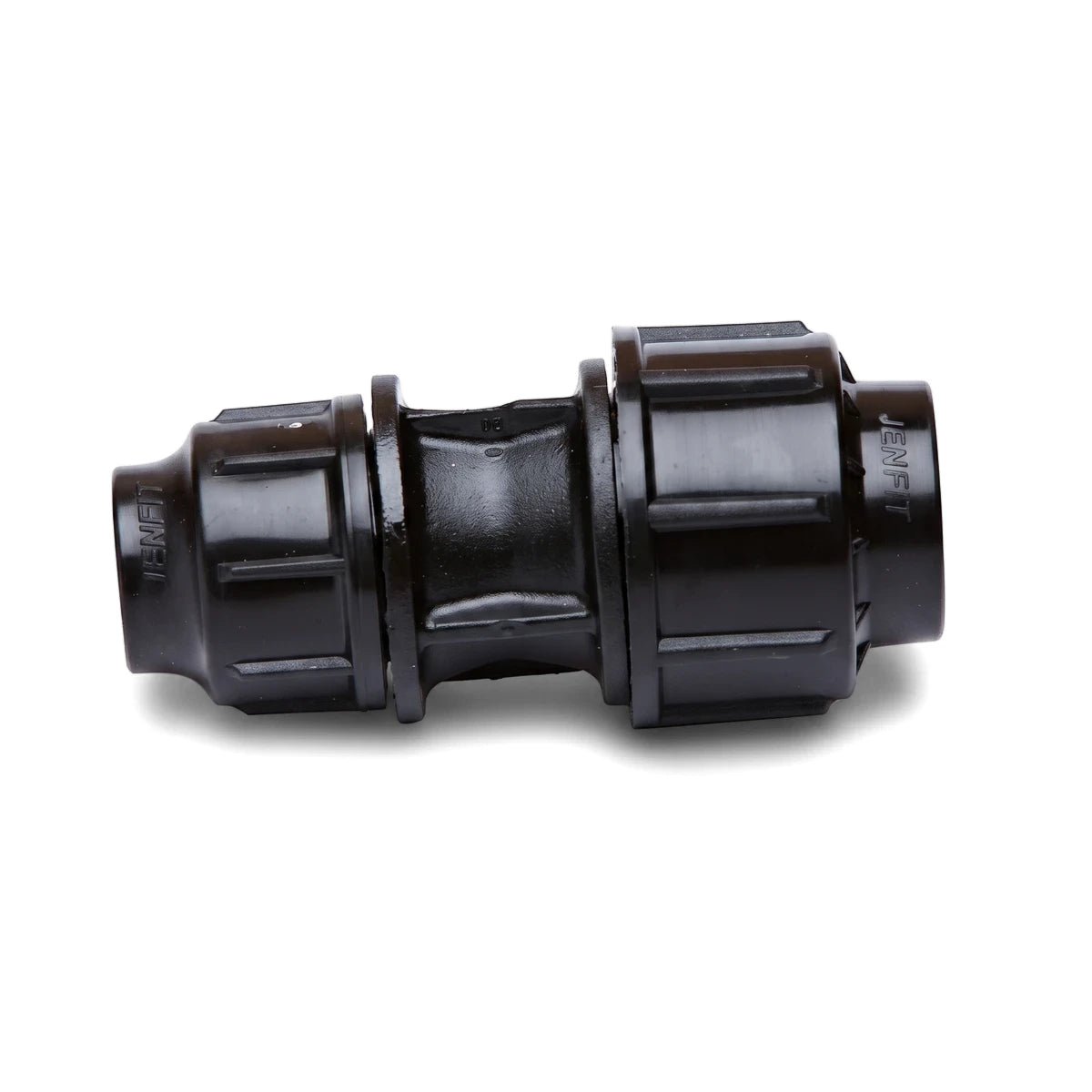 Black plastic Jenfit/Sab reducing coupling for pipes, 63mm x 32mm, featuring a ridged design, isolated on a clean white