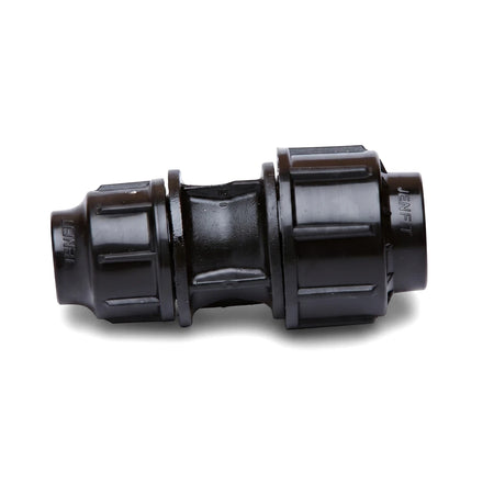 Black plastic Jenfit/Sab reducing coupling for pipes, 63mm x 32mm, featuring a ridged design, isolated on a clean white