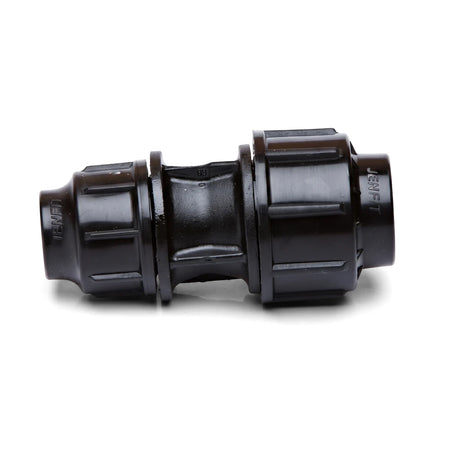 Black Jenfit Sab reducing coupling, 63mm x 50mm, for connecting pipes in plumbing applications.