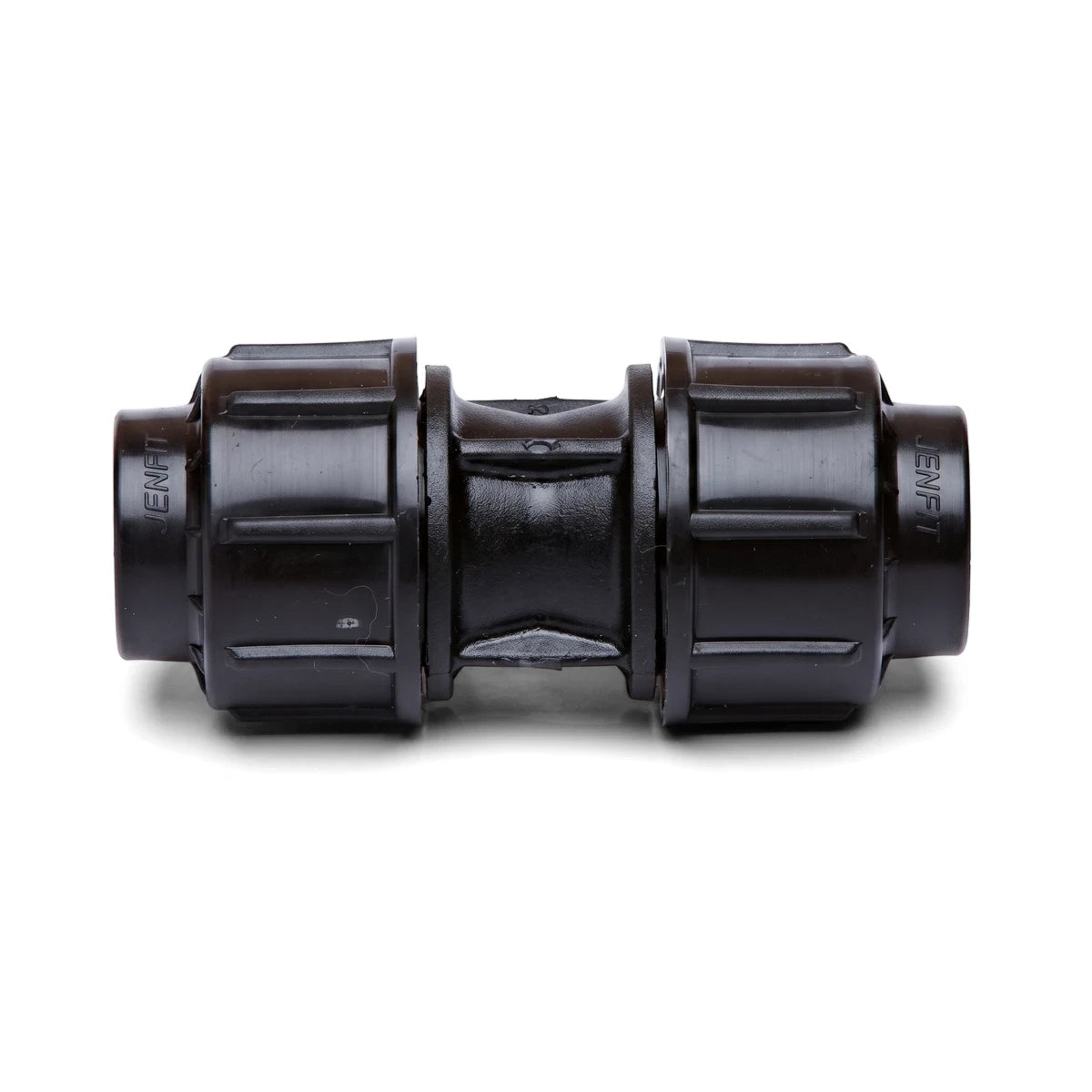 Black plastic Jenfit Straight Coupling 20mm x 20mm for plumbing systems, shown horizontally on a white background.