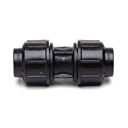 Black plastic Jenfit Straight Coupling 20mm x 20mm for plumbing systems, shown horizontally on a white background.