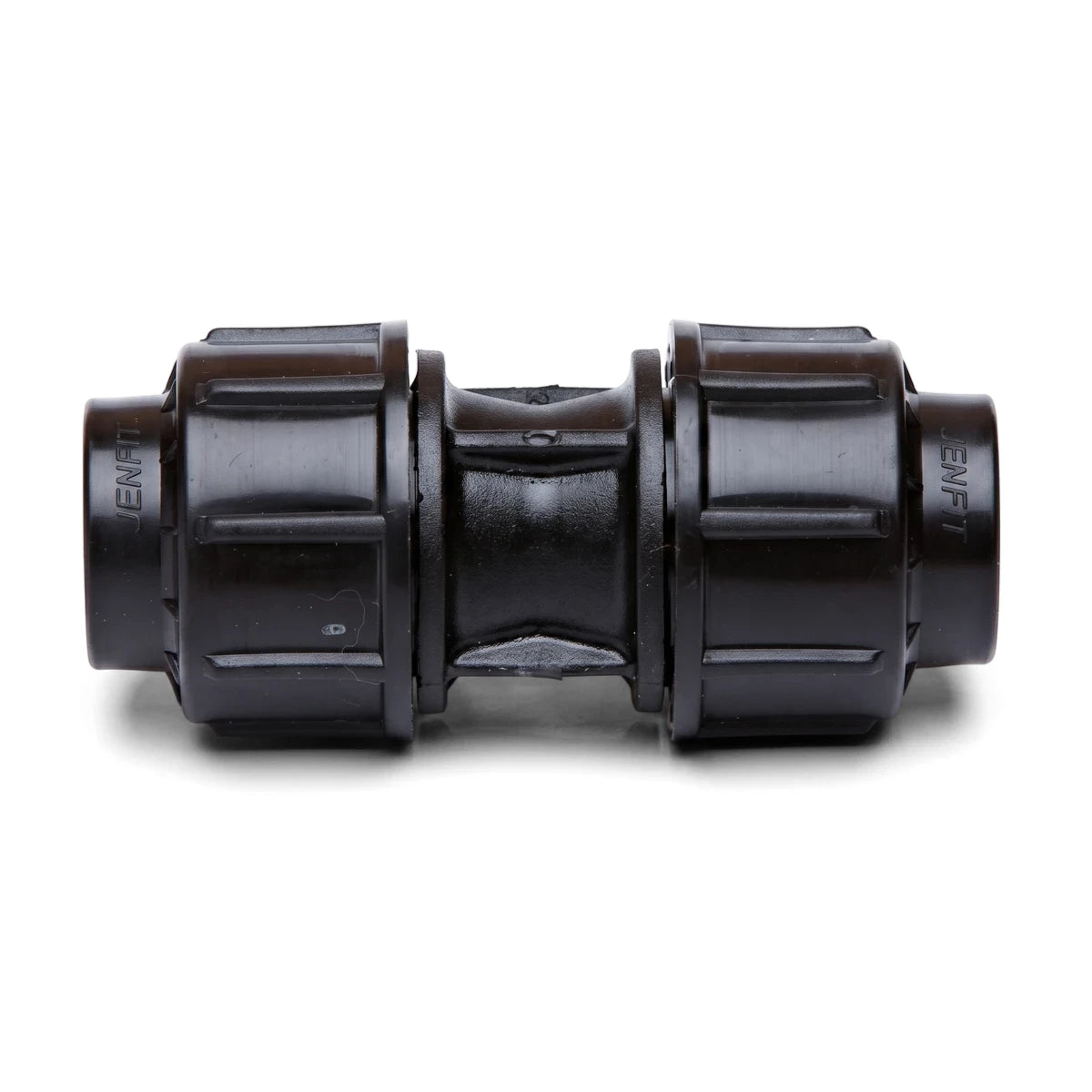 Black plastic Jenfit Straight Coupling pipe fitting, 32mm x 32mm, for joining pipes, on a white background.