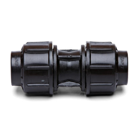 Black plastic Jenfit Straight Coupling pipe fitting, 32mm x 32mm, for joining pipes, on a white background.