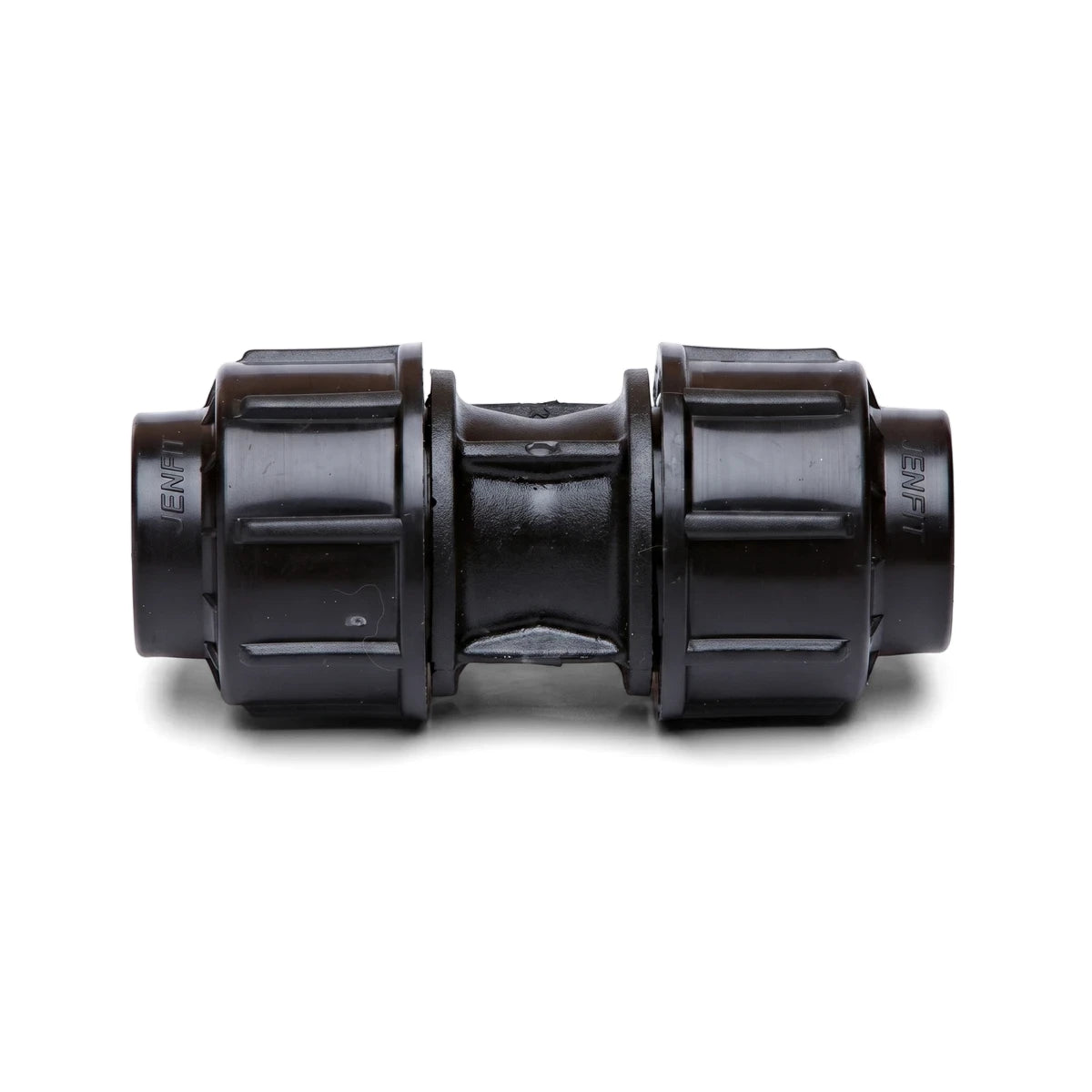 Black plastic Jenfit straight coupling, 40mm x 40mm, for connecting pipes in plumbing systems, viewed on a white background.