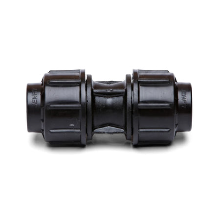 Black plastic Jenfit straight coupling, 40mm x 40mm, for connecting pipes in plumbing systems, viewed on a white background.