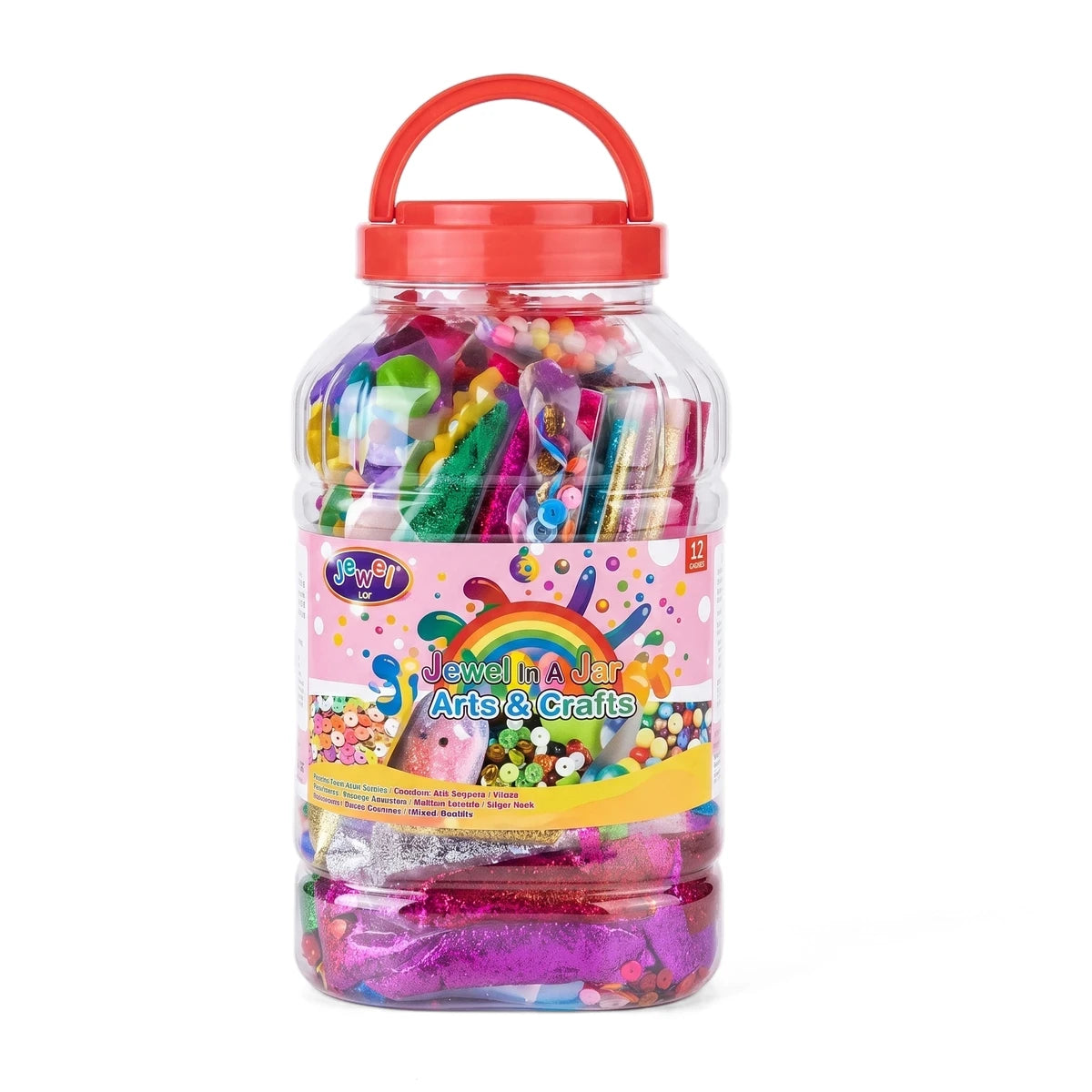 Jewel In A Jar Arts & Crafts kit with a clear plastic jar, red handle, and vibrant colorful supplies for creative projects.