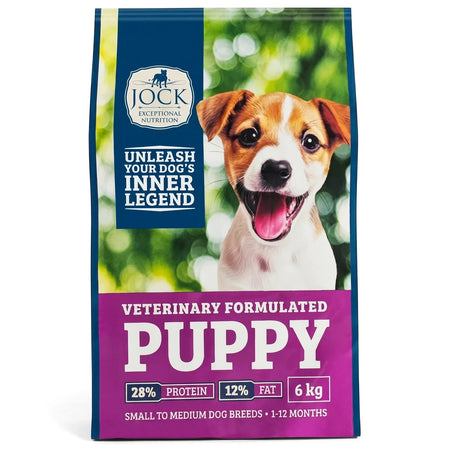 Jock Puppy Dog Food, veterinary formulated, 6kg bag for small to medium dog breeds, featuring a happy puppy.