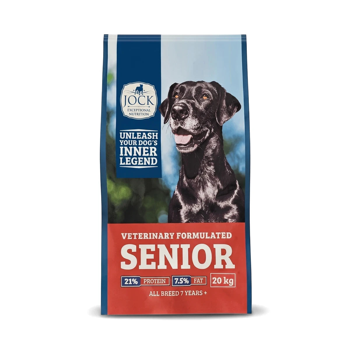 A blue and red bag of Jock Senior Dog Food for all breeds 7 years and older, featuring a black Labrador dog.