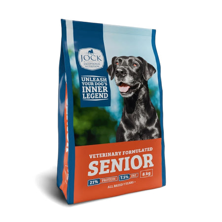 Jock Senior Dog Food, an 8kg veterinary-formulated nutrition in a blue and orange bag featuring a black labrador.