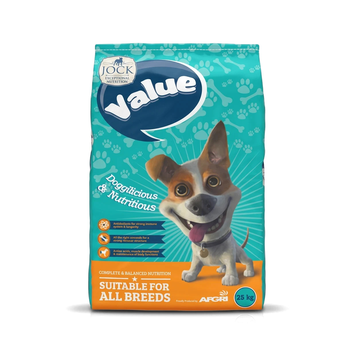 Jock Value Dog Food 25 kg bag, teal packaging with dog illustration on front, suitable for all breeds.