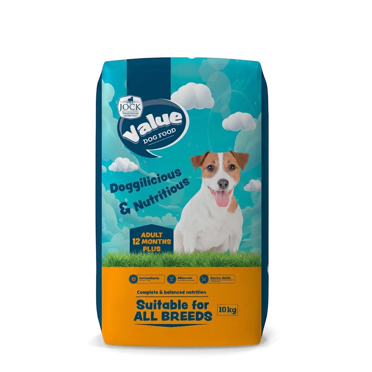 Jock Value Dog Food, a large 10kg blue and orange bag, designed for adult dogs with premium nutrition.