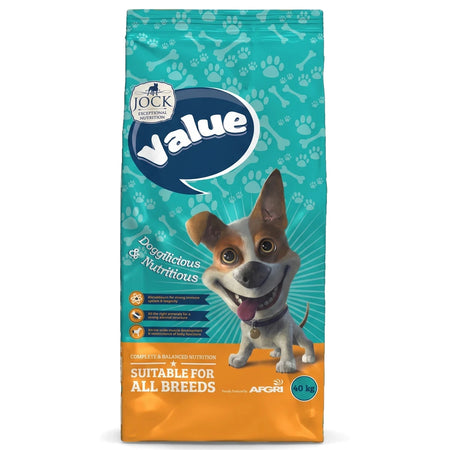 Large Jock Value Dog Food bag in teal packaging with a cartoon dog illustration, 40 kg.