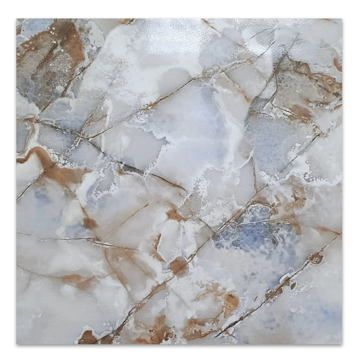 Jolly Marble 40x40 ceramic tile featuring a glossy surface with white, brown, and blue veining for a sophisticated look.