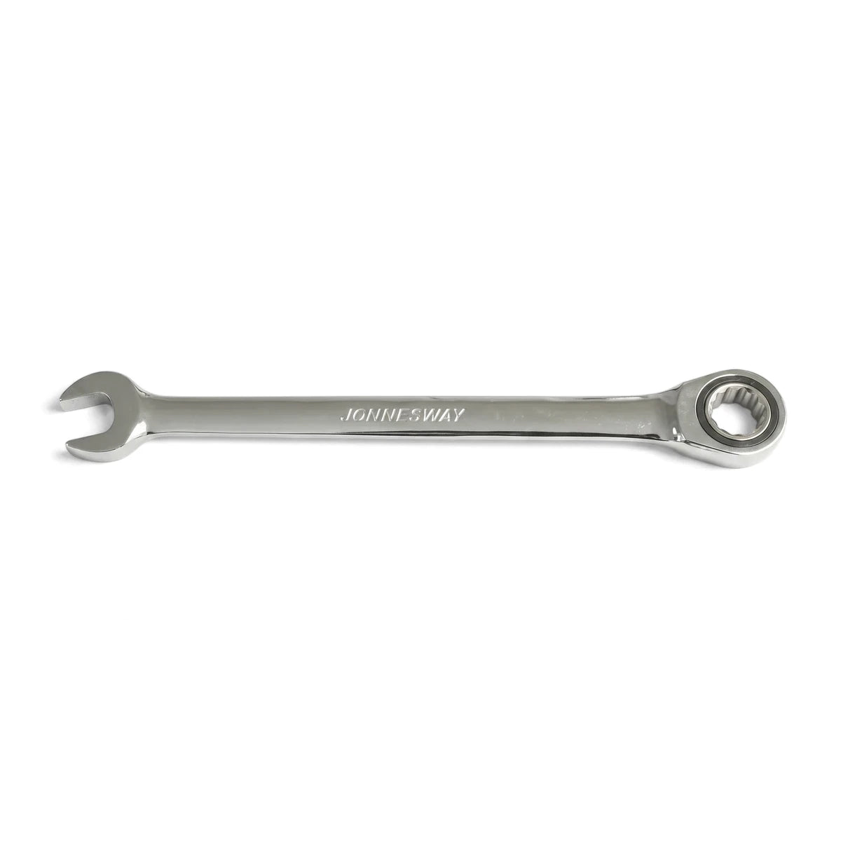 An 11mm silver chrome Jonnesway ratchet spanner, horizontally oriented and centered on a white background, highlighting its