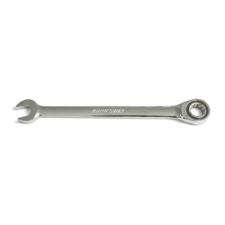 An 11mm silver chrome Jonnesway ratchet spanner, horizontally oriented and centered on a white background, highlighting its