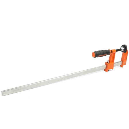 Jorgensen Clutch Style Bar Clamp, 600mm, with orange and black handles and a long silver metal bar, shown angled on a white