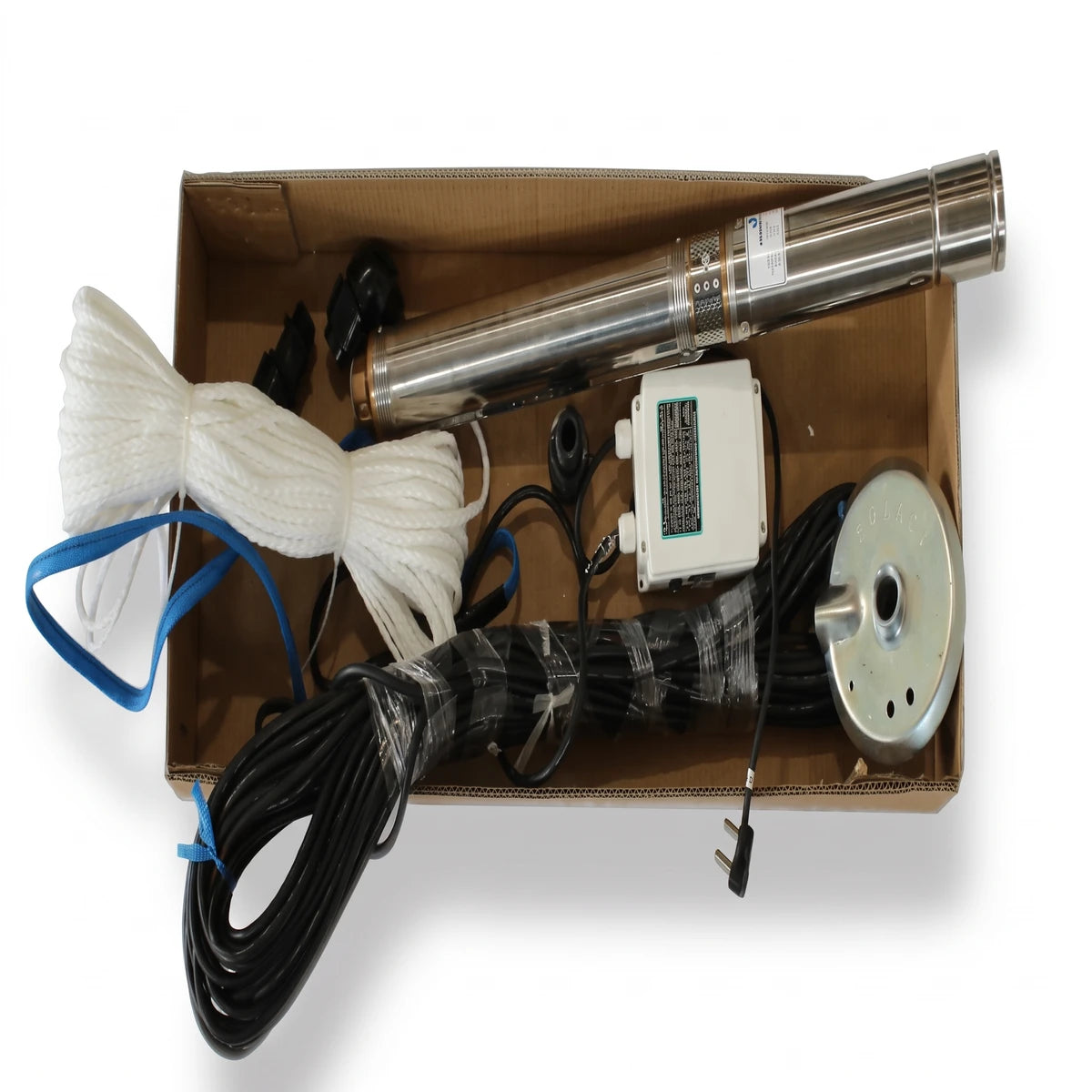 JT 02-10 motor and cable kit in a cardboard box, featuring a submersible pump, white ropes, control box, and black coiled