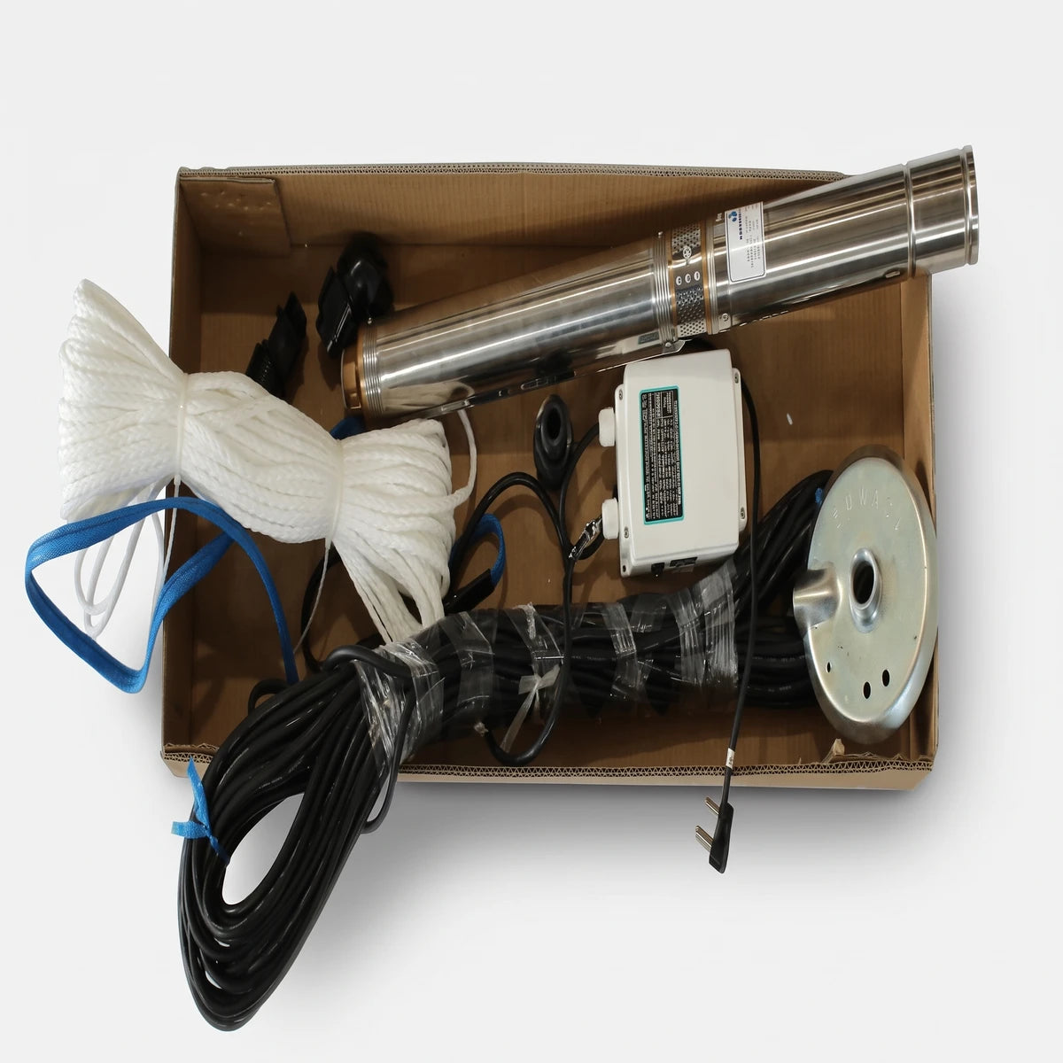 JT 02-10 Motor and Cable set in a cardboard box, featuring a stainless steel well pump, white coiled rope, black power