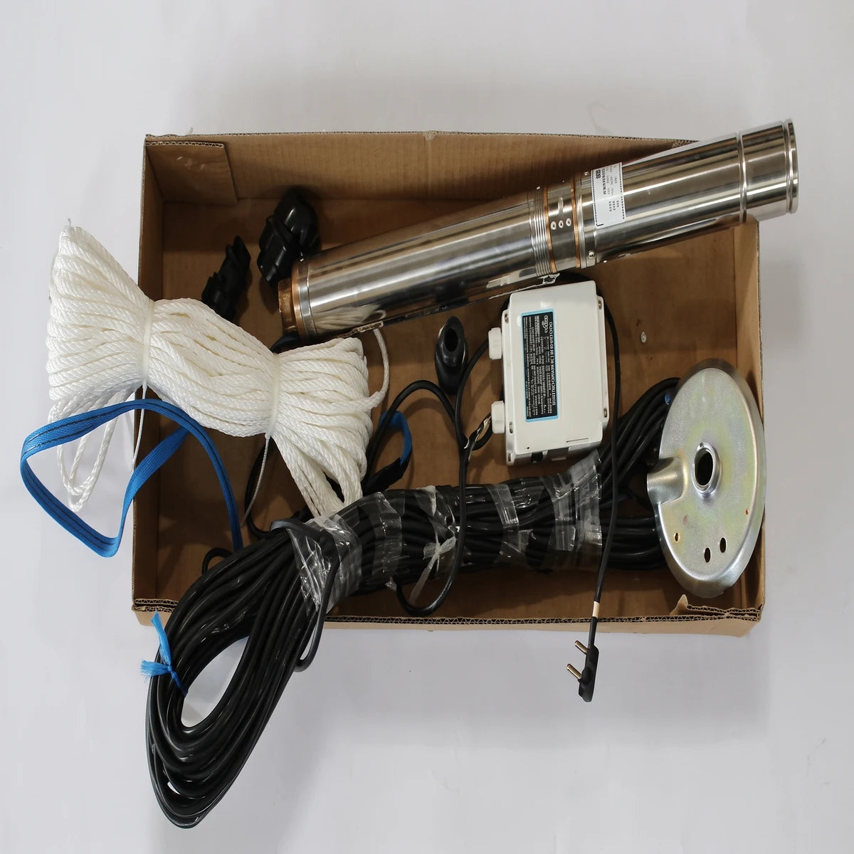 JT 02-10 Motor And Cable submersible pump kit with stainless steel motor, control box, black cables, and white rope in an