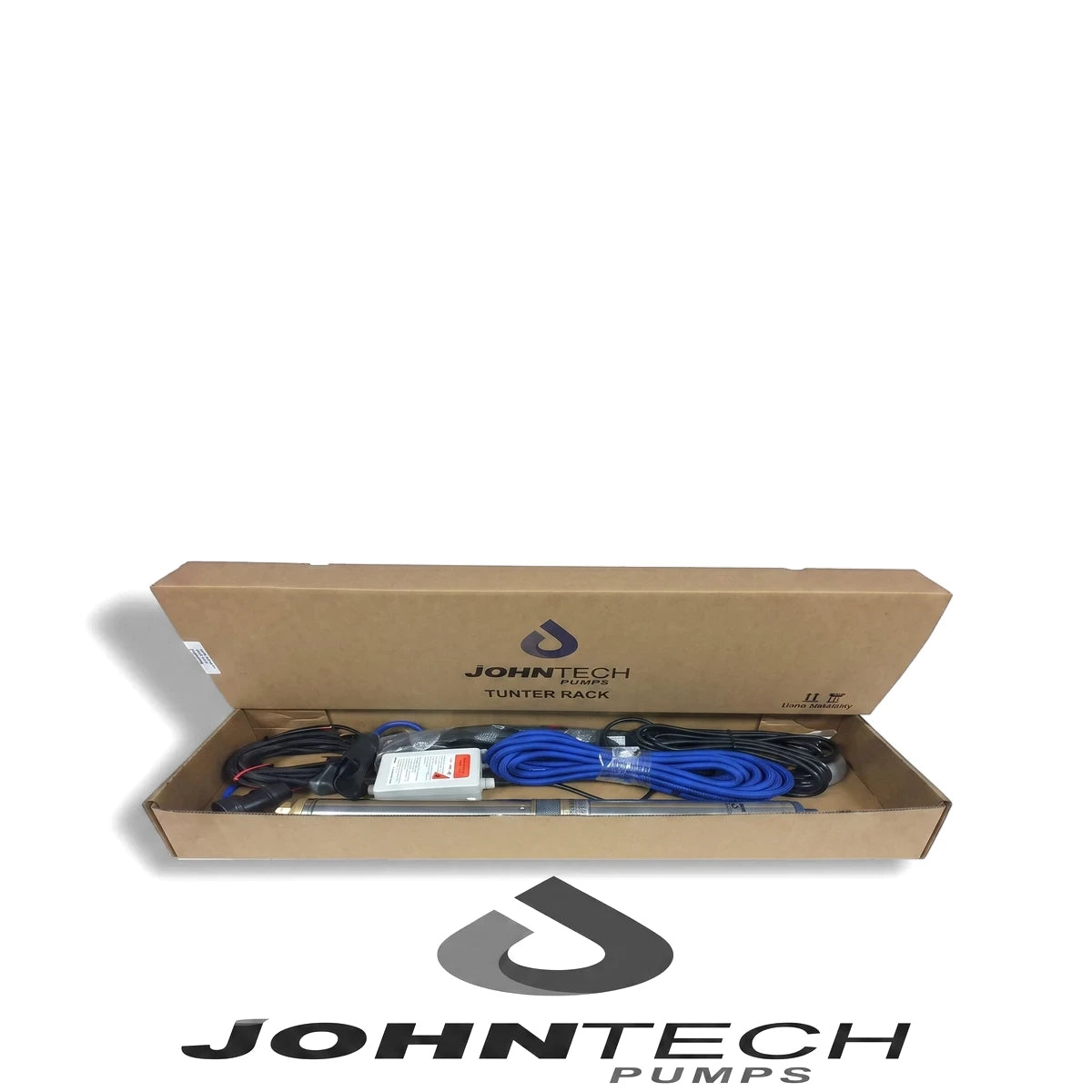 Jt4-023-11 Johntech water pump kit with 0.55Kw motor, 60M cable, and accessories, displayed open in its brown box.