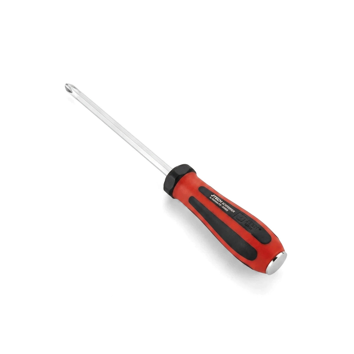 Jtech Phillips screwdriver Ph3 X 150mm with a red and black ergonomic handle and a silver shaft, angled view.
