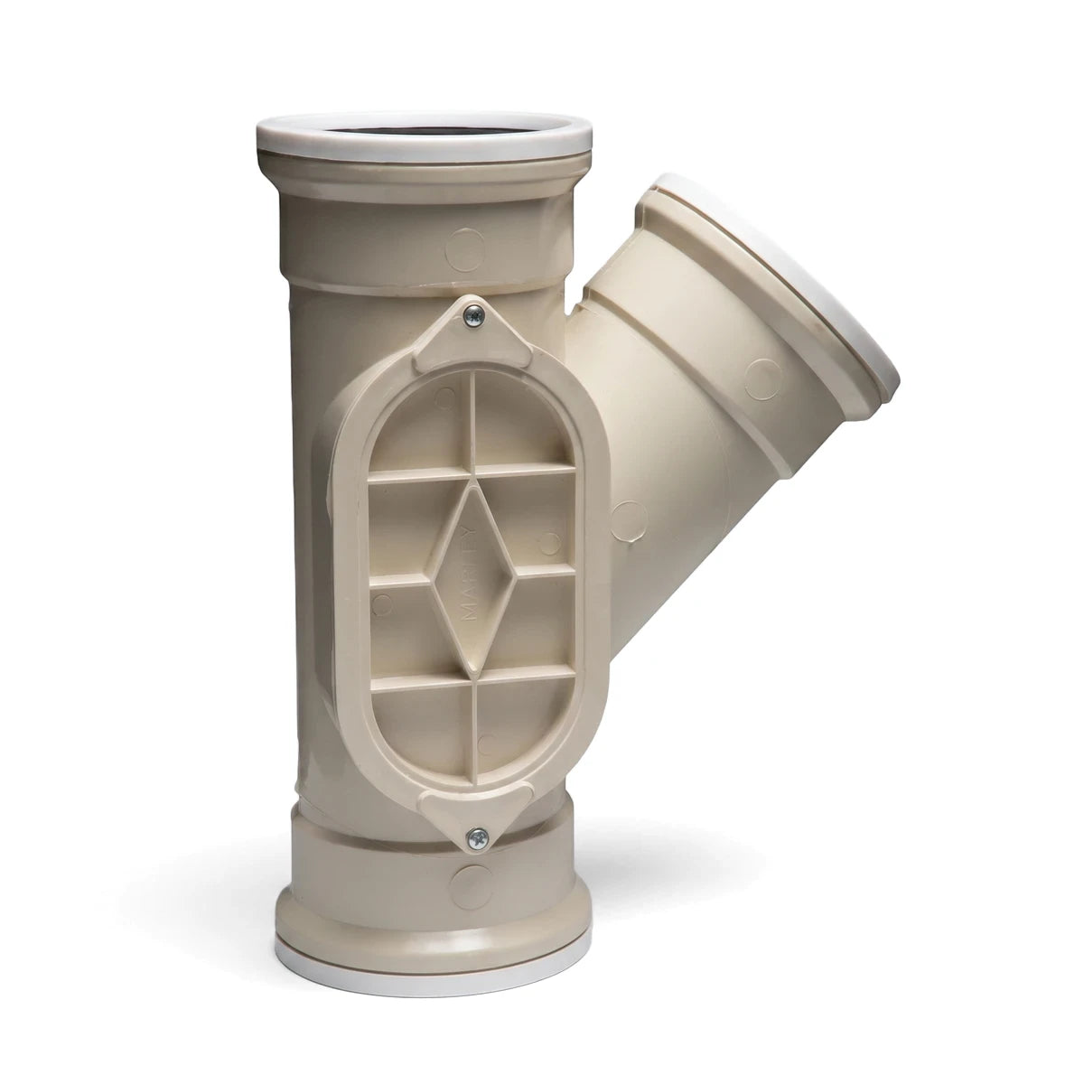 Beige plastic pipe junction with a 45-degree angled branch and an oval access panel shown on a white background.