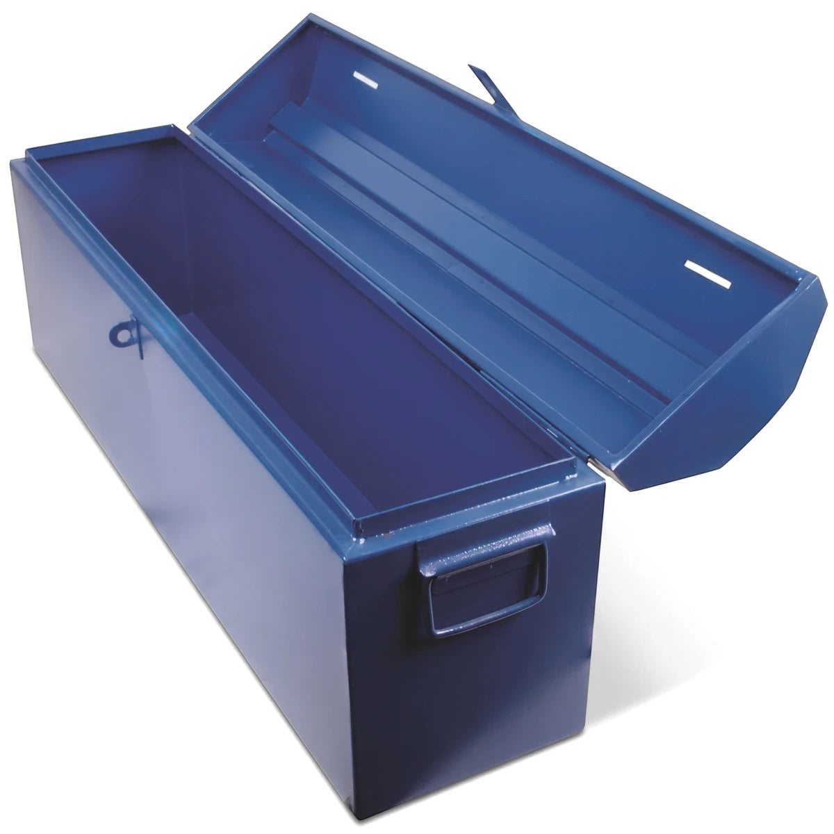 K-Type Tool Box 850mm x 200mm x 310mm blue steel toolbox with hinged lid open and side carry handle