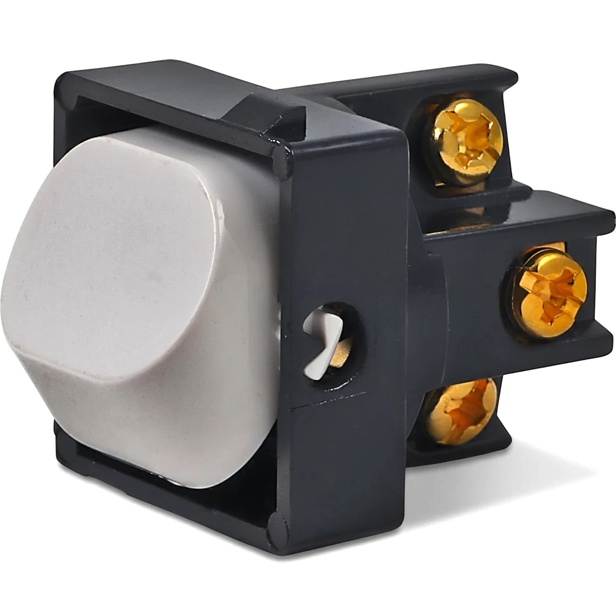 K162 16A switch with a grey button and black housing, featuring gold screws, seen from an angled perspective as an