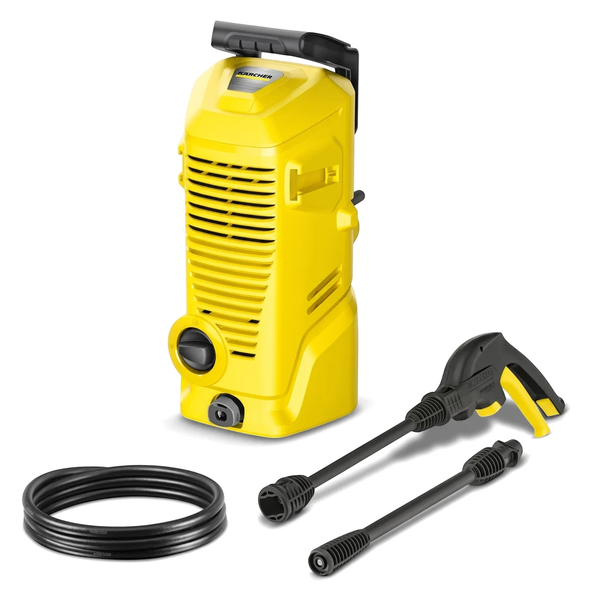 Yellow and black Karcher K1 pressure washer with coiled hose, spray gun, and two lances on a white background, viewed from