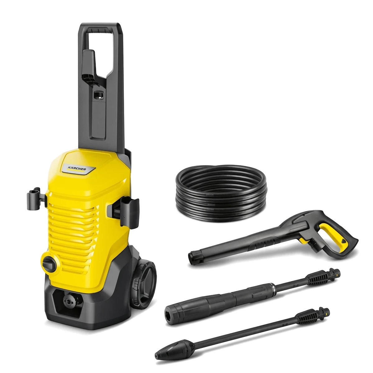 Karcher K4 WCM pressure washer in yellow and black, displayed with its coiled hose, spray gun, and two lances.