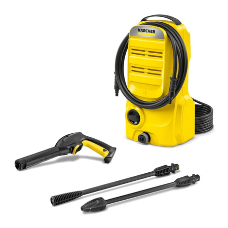 Yellow and black Karcher Pressure Washer K2 Classic with spray gun and lances, shown with accessories.