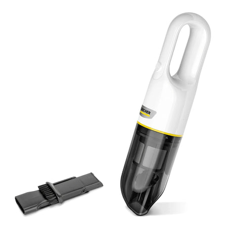 White Karcher cordless home vacuum cleaner standing upright with a grey brush attachment lying beside it on a clean surface.