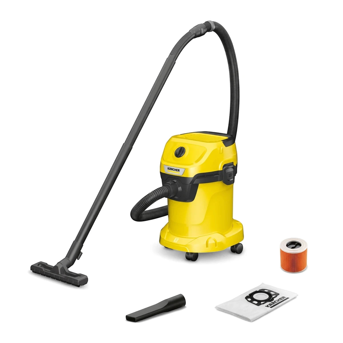 A yellow and black Karcher Wet and Dry Vacuum Cleaner with its hose, floor nozzle, crevice tool, filter, and dust bag on a