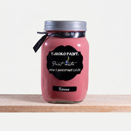 Karema 500ml Tjohoko Chalk Paint in a clear glass jar with a silver lid, showcasing its reddish-pink hue.