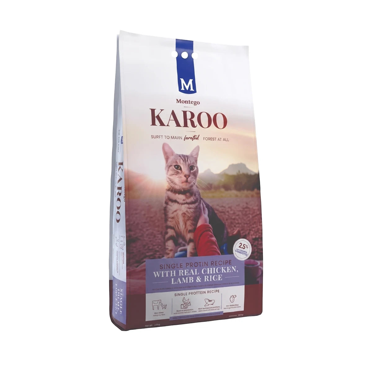 Karoo Adult Cat Chicken & Lamb cat food bag, white with blue and purple accents, frontal view.